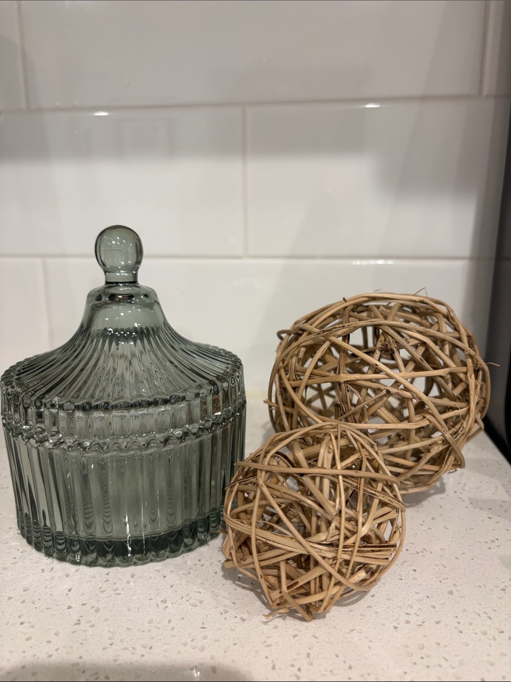 Vintage Inspired Ribbed Glass Lidded Jar in Sage Green